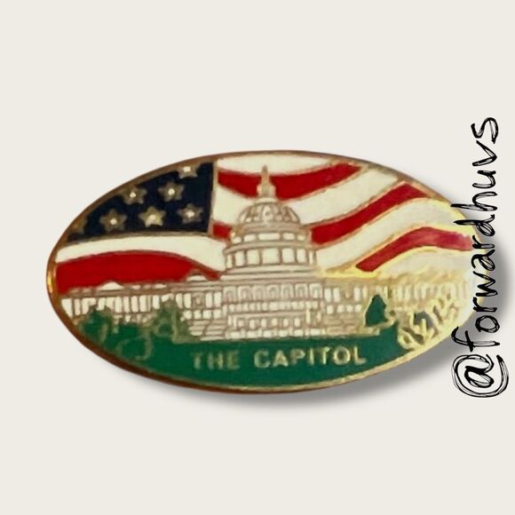 Pair of Oval Capitol Pins – U.S. Flag & Building Design – Gold Tone Backs - Picture 4 of 8